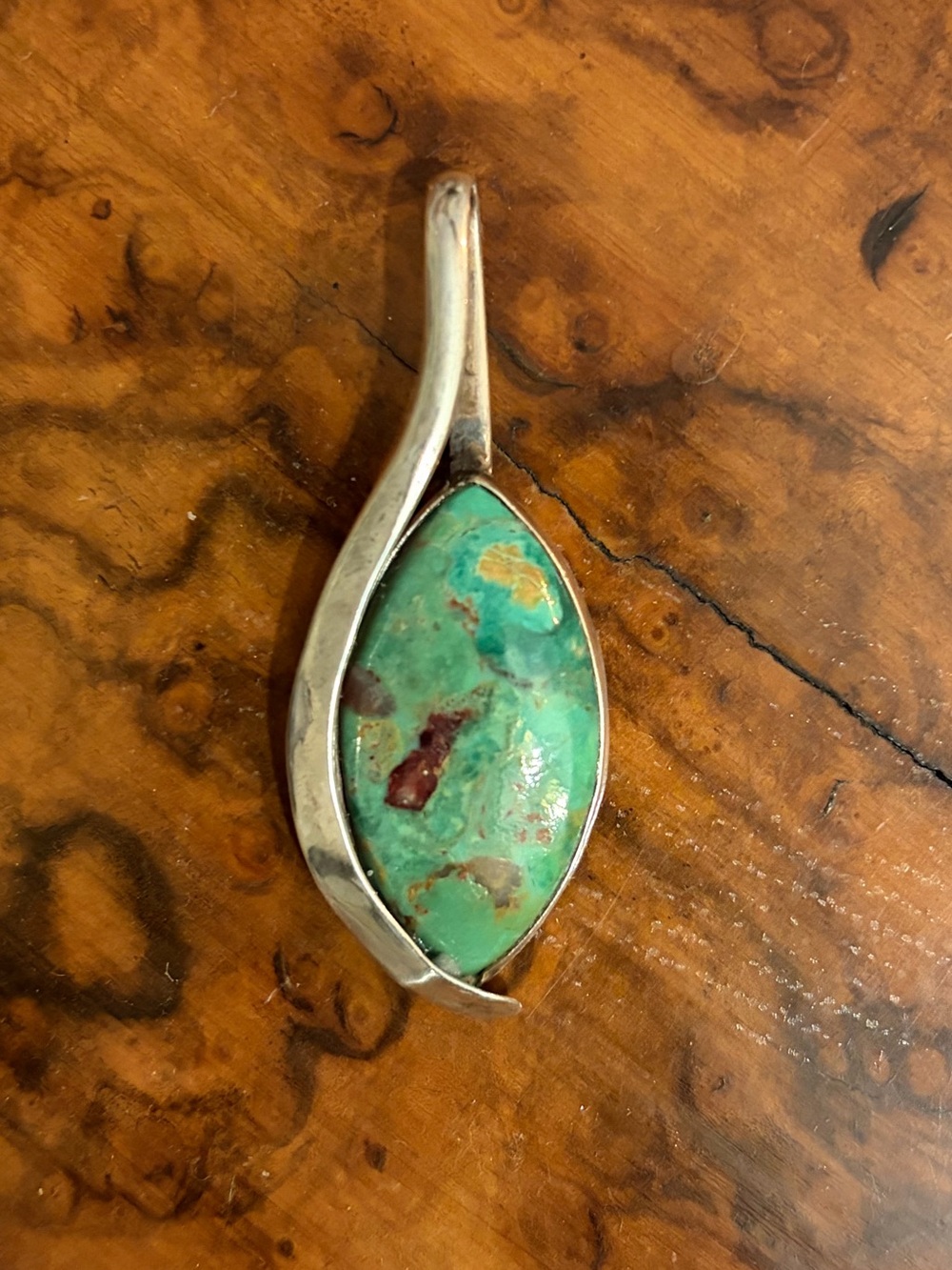 925 Sterling Silver Green Matrix Stone Marquise Pendant Boho Artisan